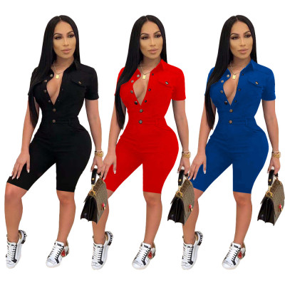 Ladies Fashion Button Casual Short Sleeve Solid Color Jumpsuit