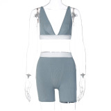 Spring and summer sexy V-neck vest five-point pants sports yoga Two Piece Set