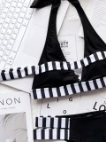 Women Black Bikini Halter Striped Print Lace Up Two Piece Swimwear