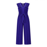 High waist pleated one-piece wide-leg pants summer women's large size casual slim temperament V-neck one-piece trousers