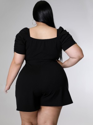 Women Summer Black Casual Square Collar Short Sleeves Solid Belted Short Regular Plus Size Jumpsuit