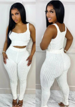 Women Summer White Casual Strap Sleeveless High Waist Solid Skinny Two Piece Pants Set