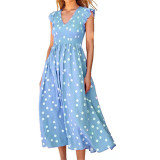 Summer Women V-Neck Polka Dot Print Sleeveless Long Dress