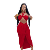 Women Summer Sexy Halter Crop Top And Slit Long Dress Two Piece Set