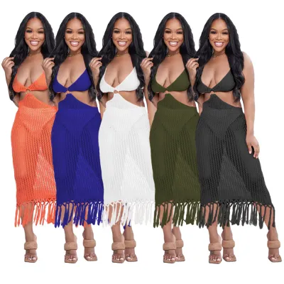 Women's Solid Color Casual Knit One Piece Fringe Beach Dress