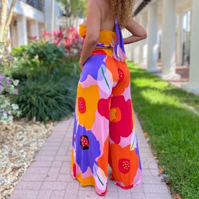 Summer print bandeau top pants women's fashion casual suit two-piece women's