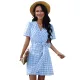 Women Summer Plaid V-Neck Beletd-Bow Dress