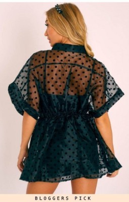 See Through Organza Polka Dot Sleeve Two-piece Sling Bottom Shirt Dress Fashion Women's Clothing