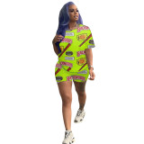 Women Summer Print Short Sleeve Top And Shorts Casual Two-Piece Set