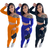Women's Solid Color One Shoulder Sleeve Tube Top Sports Two-piece Set