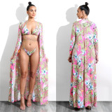 Women Summer Sexy Floral Print Bikini Swimsuit Three Piece Set