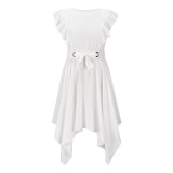 Summer feminine temperament slim square neck ruffle sleeve dress irregular belt skirt