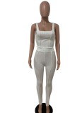 Women Summer White Casual Strap Sleeveless High Waist Solid Skinny Two Piece Pants Set