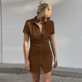 spring and summer dress street pleated knitted wrap hip short-sleeved button dress