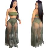 Women's pleated mesh see-through sexy strapless two-piece skirt set