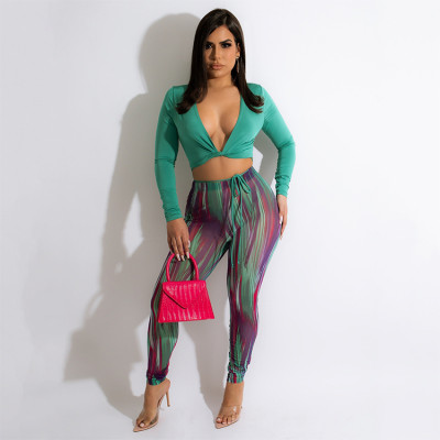 Fashion Casual V-Neck Tight Top + Pants Large Size Tight Two-piece Set