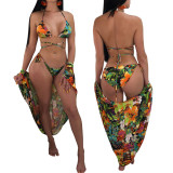 Women Summer Sexy Floral Print Bikini Swimsuit Three Piece Set