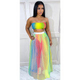 Women's Printed strapless Colorful Mesh Skirt Two Piece Set