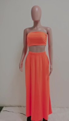 Women sexy solid color tube top and skirt two-piece set