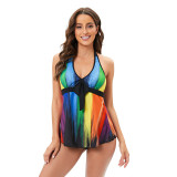 Plus Size Bikini Rainbow Print Lace-Up Halter Swimsuit