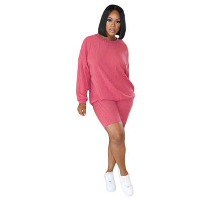 Women Spring Casual Kint Solid Color Long Sleeve Top And Shorts Two-Piece Set