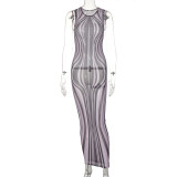 Women's Summer Sexy Mesh Print Long Dress Sheer Slim Dress