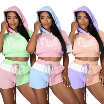 Women Summer Letter Print Hooded With Pockets And Shorts Color Blocking Two-Piece Set