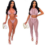Women Sleeveless Character Mesh sleeveless crop top and pant inside hot drilling bikini set 4-piece swimsuit