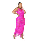 Solid Color Sleeveless Jacquard Knitted Tassel Beach Skirt