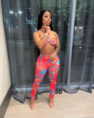 Women Cute Sexy Strap Wrap Chest Crop Top And Fashion Print Pant Two Piece Set