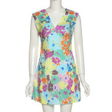 Spring/Summer Women's V-neck Low-cut Sleeveless Slim Print Bodycon Dress
