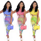 Summer women's solid color sleeveless shirt mesh pants printing suit