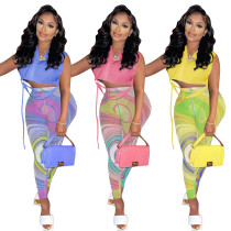 Summer women's solid color sleeveless shirt mesh pants printing suit