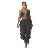 Women's Solid Color Fashion Sexy Casual Tassel Strap Backless Two-piece Set