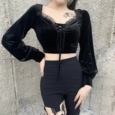 Velvet lace-up Lantern Sleeve Top Women's Fashion Sexy Slim Fit ruffles Solid Color T-Shirt