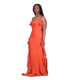 Fashion Women's Solid Color Sling Ruffle Dress Dress