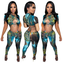 Women's Color Print Cutout Top Stretch Pants Set Women's