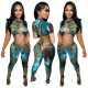 Women's Color Print Cutout Top Stretch Pants Set Women's