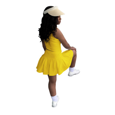 Women's Solid Color Tennis Wear Sports Leisure Suit Vest Skirt Suit