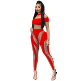 Fashion Sexy Nightclub Tight Mesh See-Through Long Sleeve Trousers Jumpsuit Women