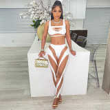 Summer women's sexy hollow see-through mesh patchwork vest high waist casual trousers suit