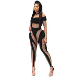 Fashion Sexy Nightclub Tight Mesh See-Through Long Sleeve Trousers Jumpsuit Women