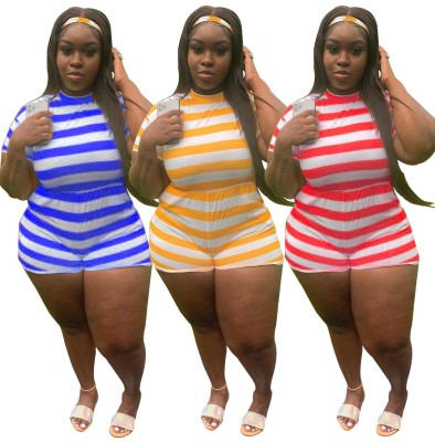 Plus Size Crew Neck Back Zipper Loose Casual Sports Striped Jumpsuit