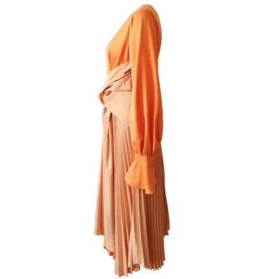 Spring and summer women's skirt waist knotted casual temperament color block pleated hem long dress