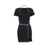 Summer chain halterneck short-sleeved dress fashionable temperament sexy hollow black short skirt