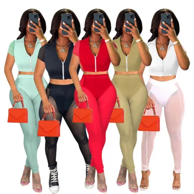 Women's summer mesh patchwork short-sleeved sexy two-piece suit