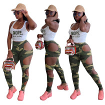 Women's Fashion Casual Suit Camouflage Ripped Pants Two Piece