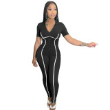 Women's Pull Strip patchwork Solid Color Sexy Slim Fit Long Jumpsuit