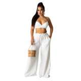 Sexy women's solid color strap tube top loose trousers halter neck fashion two-piece set