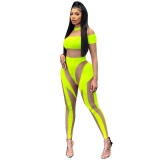 Fashion Sexy Nightclub Tight Mesh See-Through Long Sleeve Trousers Jumpsuit Women